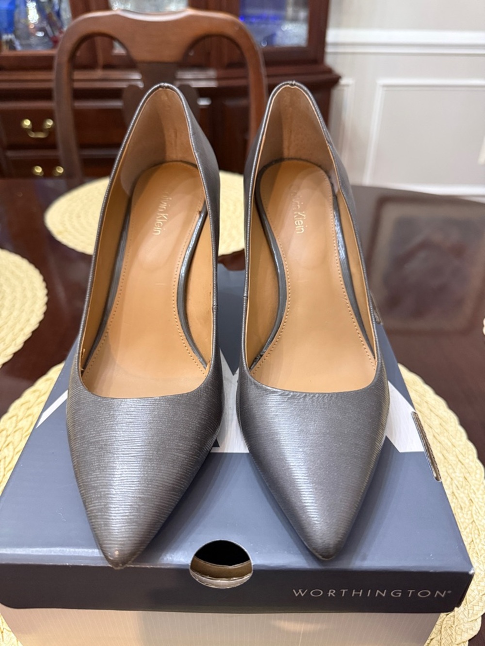 Calvin Klein Silver Pointed-Toe Leather Pumps 7.5